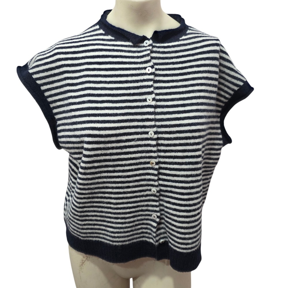 Things Between Cardigan L Navy White Striped Wool Blend Short Sleeve Coastal